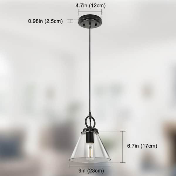 Jasslynn 60-Watts 1-Light Black Pendant Light with Clear Cone Glass Shade, 9.05 in. Hanging Light Dining Room, Kitchen