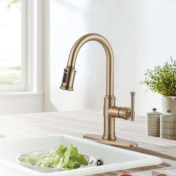 Brushed Gold 16.2 in. Single Handle Pull Down Sprayer Kitchen Faucet with 360° Spout Swivel in Stainless Steel