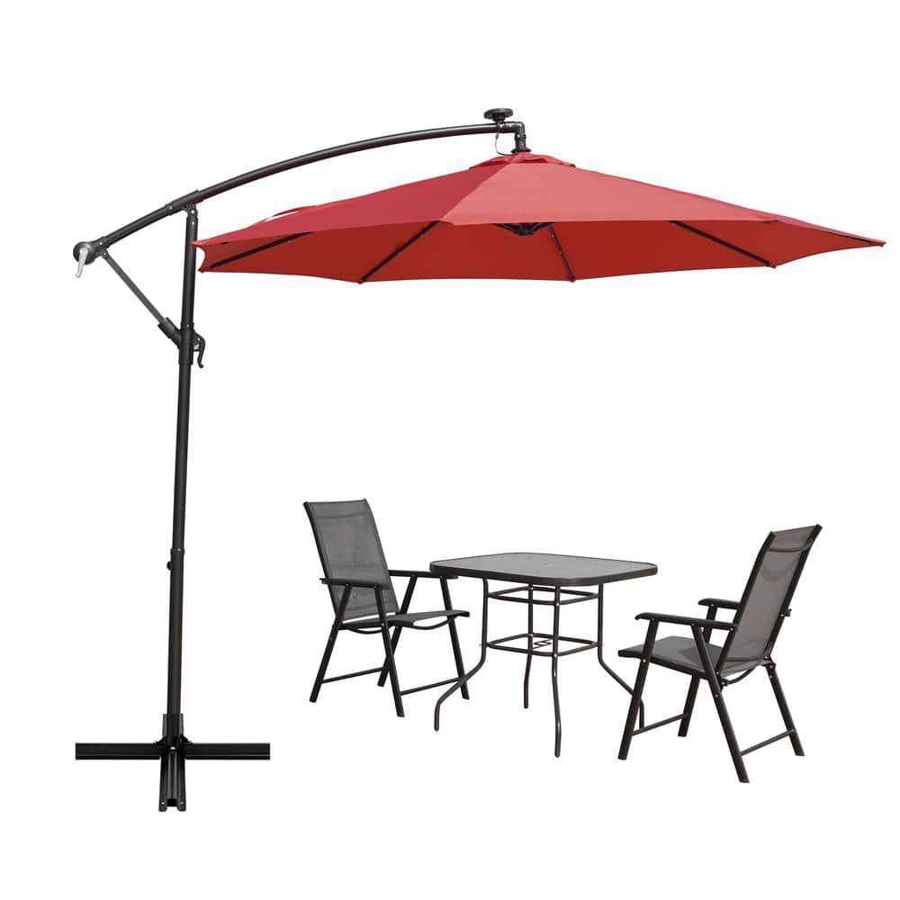 10' Red Cantilever Patio Umbrella with Solar LED and Steel Frame