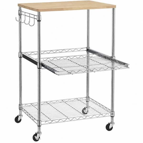 3-Tier Rolling Kitchen Cart, 23 in. x 15 in. Chrome Microwave Cart with Oak Wood Tabletop, Hooks and Drawer Slider