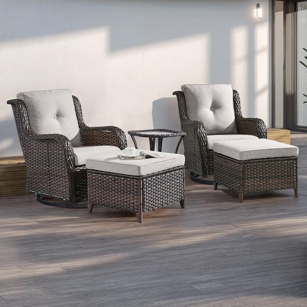moosprr 5-Piece Brown Wicker Patio Conversation Set with Beige Cushions and Swivel Glider Chairs/Ottomans/Side Table