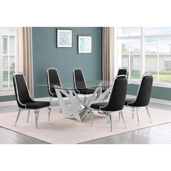 Best Quality Furniture Rae 7-Piece Rectangular Glass Top Stainless Steel Base Dining Set With 6 Black Velvet Chrome Iron Legs Chairs