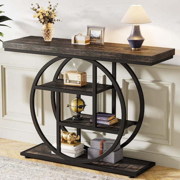 Turrella 41.3 in. Black Rectangle Wood Console Table, Industrial 4-Tier Sofa Table Entryway Table with Circle Base