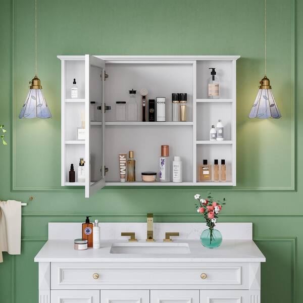ANGELES HOME 42 in. W x 30 in. H Rectangular White Solid Wood Soft Close Bathroom Medicine Cabinet with Mirror, Easy Hang, Assembled