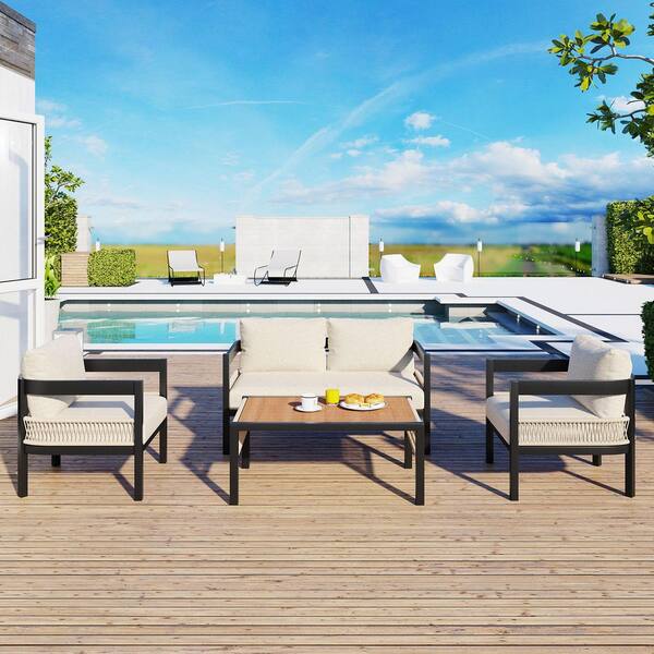 Beige 4-Piece Outdoor Iron Sofa Set with a Table, Rattan Decoration, Waterproof, Rust-Proof, Suitable for Garden