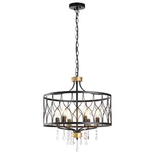 6-Light Black and Gold Dimmable Lantern Drum Chandelier with Crystal Pendant 104.5 in.