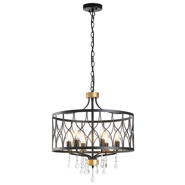 KAISITE 6-Light Black and Gold Dimmable Lantern Drum Chandelier with Crystal Pendant 104.5 in.