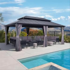 12 ft. x 20 ft. Gray Aluminum Hardtop Gazebo Canopy for Patio Deck Backyard Heavy-Duty with Netting and Curtains