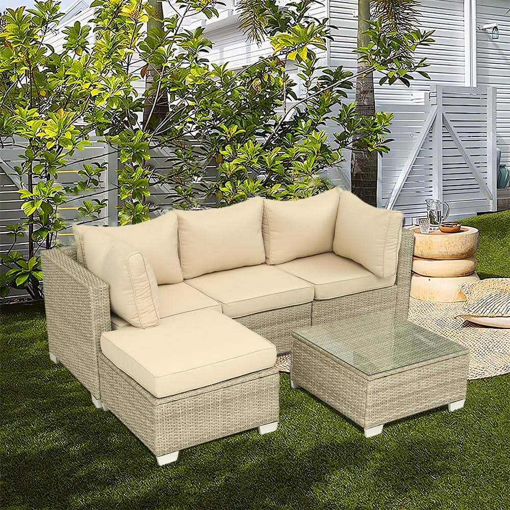 5-Piece White-Gray Hand-Woven PE Wicker Outdoor Patio Sectional Sofa Set with Field Gray Cushions and Coffee Table