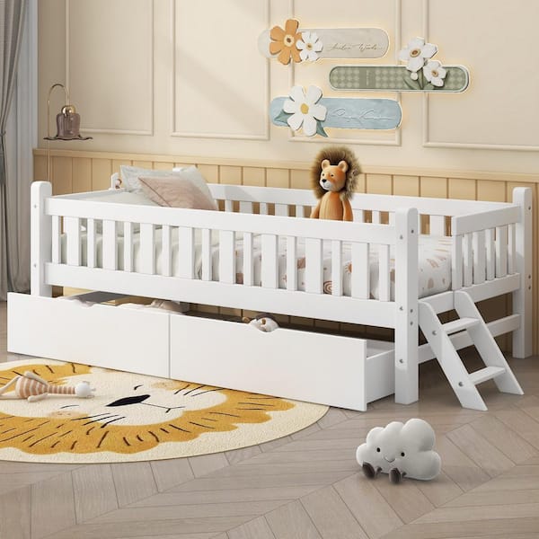 Qualler White Twin Size Platform Bed with Guardrails and 2 Drawers
