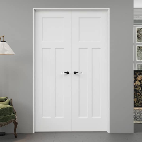 48 in. x 80 in. 3-Panel T Shape Universal-Hand Painted Solid Core Wood Double Prehung French Door + Quick Assemble Jamb