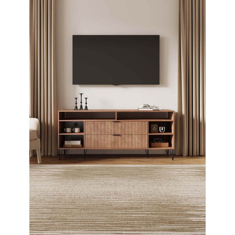 Golden Brown Mid-Century Modern TV Stand with Cabinet and Shelves