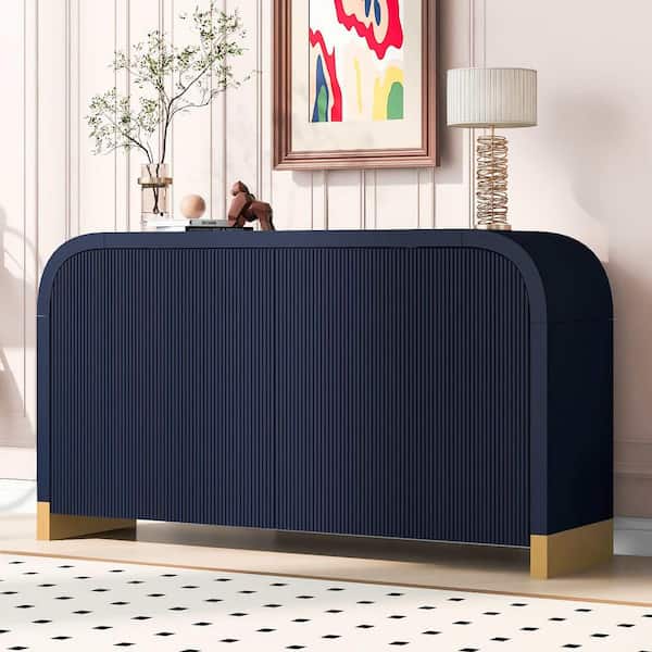 Navy Blue Wood 59.8 in. Sideboards with 4-door Curved Corner Design