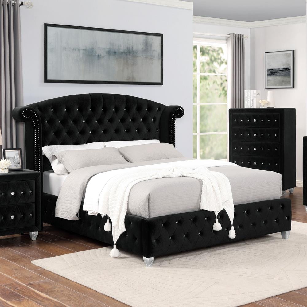 Furniture of America Nesika Black Queen Panel Bed with Wingback Design