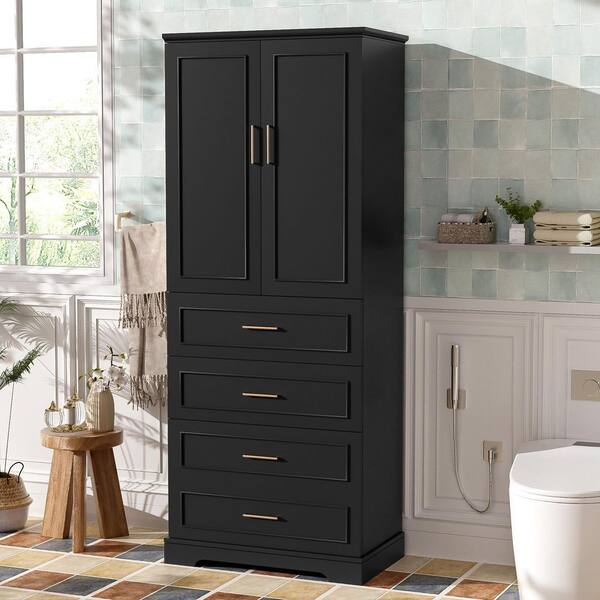 30 in. W x 16 in. D x 72 in. H Black Freestanding Linen Cabinet with 3 Drawers and Adjustable Shelves