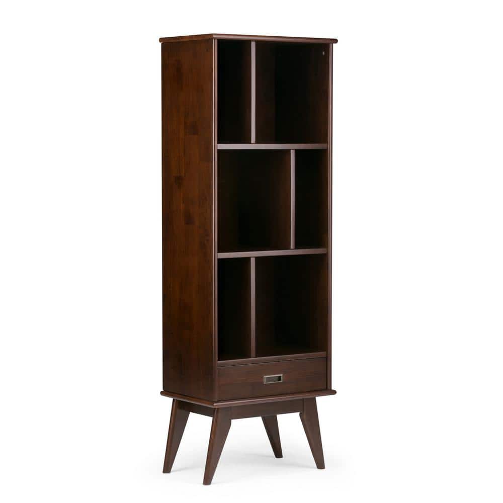 Medium Auburn Brown Solid Hardwood Mid-Century Modern Bookcase with Drawer