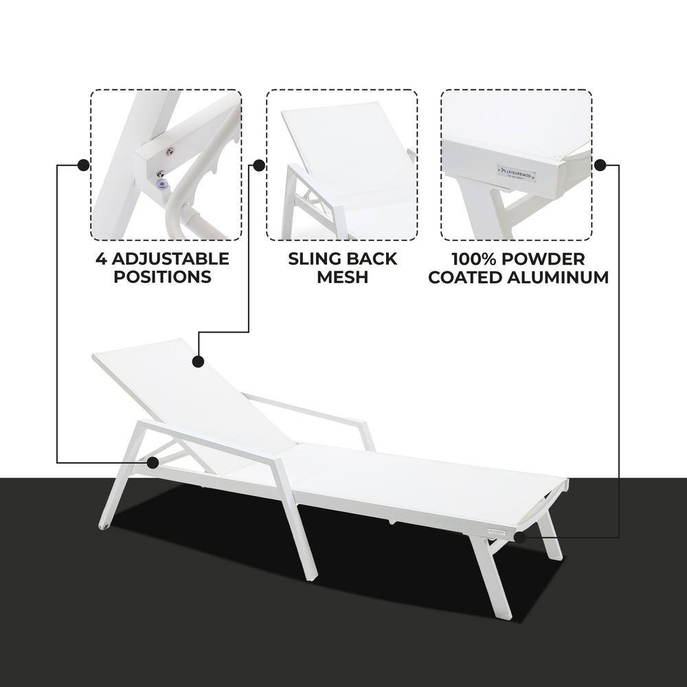 White Aluminum Adjustable Chaise Lounge with Arms and Cushions