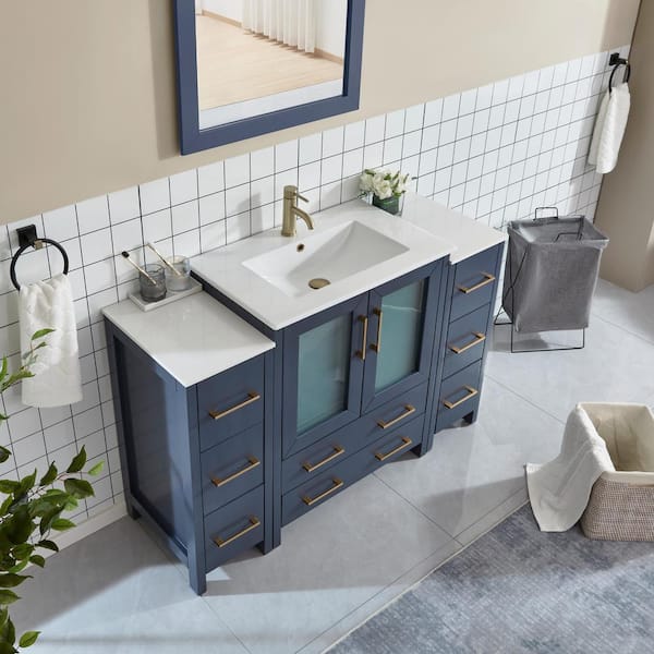 Vanity Art Brescia 54 in. W x 18 in. D x 36 in. H Single Sink Bath Vanity in Blue with White Ceramic Top and Mirror