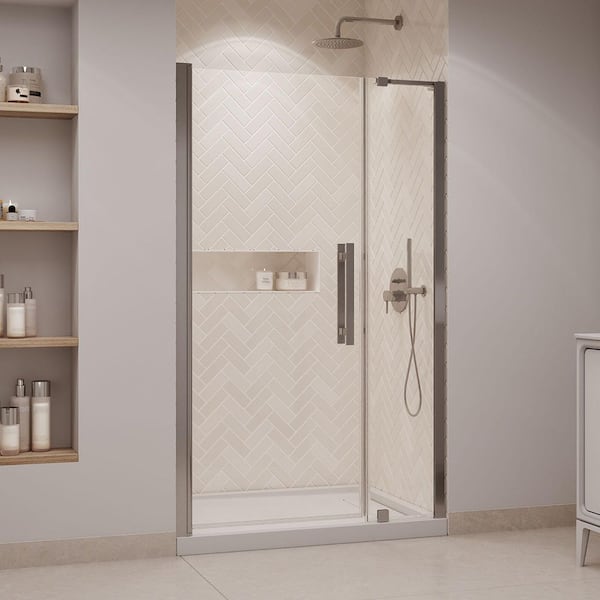 OVE Decors Pasadena 48 in. W x 36 in. L x 72.01 in. H Alcove Shower Kit with Pivot Frameless Door in Satin Nickel and Shower Pan