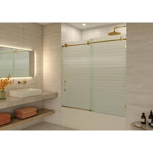 Galaxy 56 in. x 60 in. W x 60 in. H Frameless Sliding Bathtub Door in Satin Brass with Fluted Glass