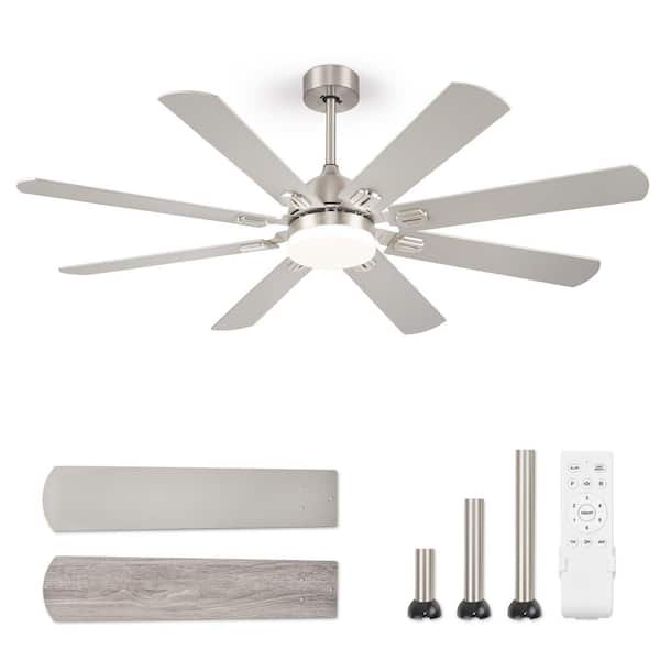 62 in. Outdoor/Indoor Nickel Downrod Mount Ceiling Fan with Light,Dual-Finish Blades,Remote Control, 6-Speeds, 3CCT