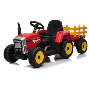 12-Volt Ride On Tractor, Electric Vehicle Toy with Trailer and Remote Control, 3-Gear-Shift, Red