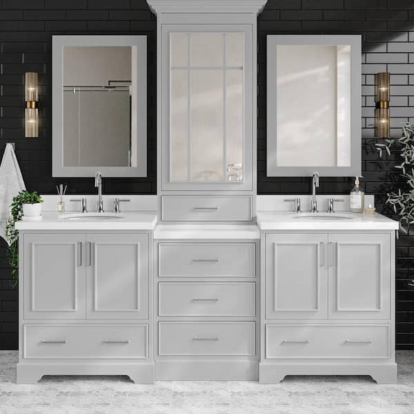 ARIEL Stafford 85 in. W x 22 in. D x 89 in. H Bath Vanity in Grey with Pure White Quartz Tops and Mirrors