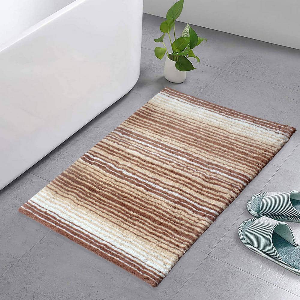 Beige and Brown Cotton Striped 24x40 Bath Rug