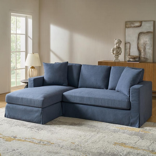 Solanna Navy 85" L-Shaped Polyester Slipcovered Sofa with Interchangeable Chaise Lounge and Square Arm