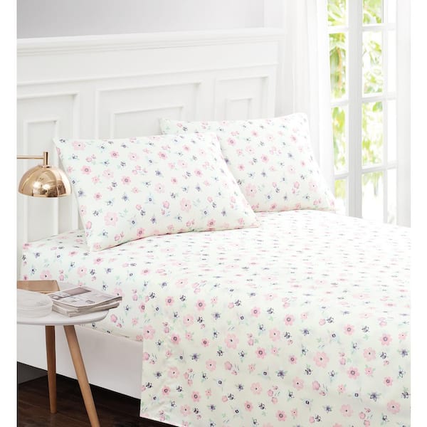 Flower Ditsy Polka Dot 4-Piece Pink White Polyester Queen Sheet Set