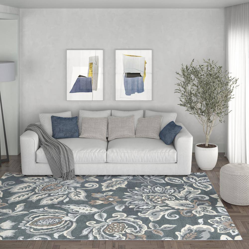 Dark Gray Floral Synthetic 8' x 10' Rectangular Area Rug