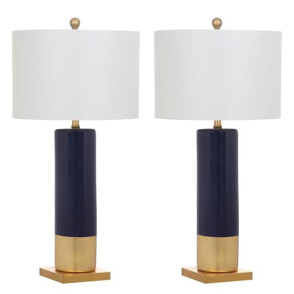 SAFAVIEH Dolce 31 in. Navy/Gold Column Table Lamp with Off-White Shade (Set of 2)