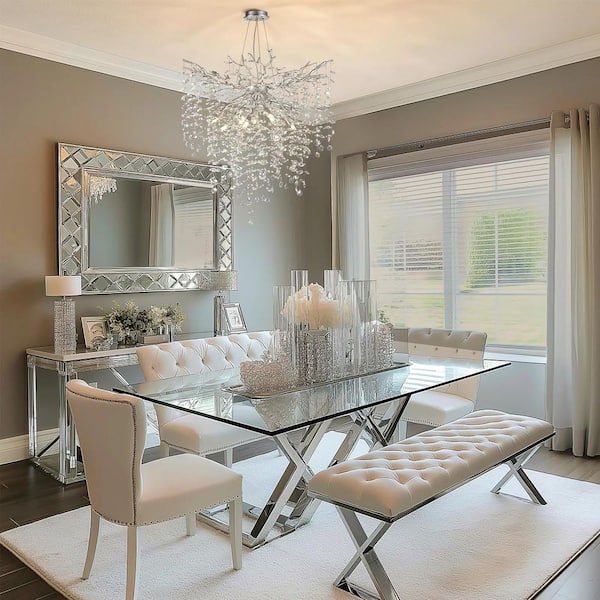 32 in. 10-Light Adjustable Chandelier with Crystal Decoration, Modern Silver Kitchen Island Chandelier, for Living Room