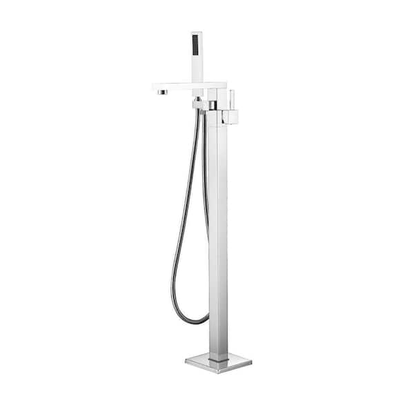 Lukvuzo Single-Handle Freestanding Tub Faucet with Hand Shower in Brushed Nickel Filler and 360° Swivel Spout Floor Mount