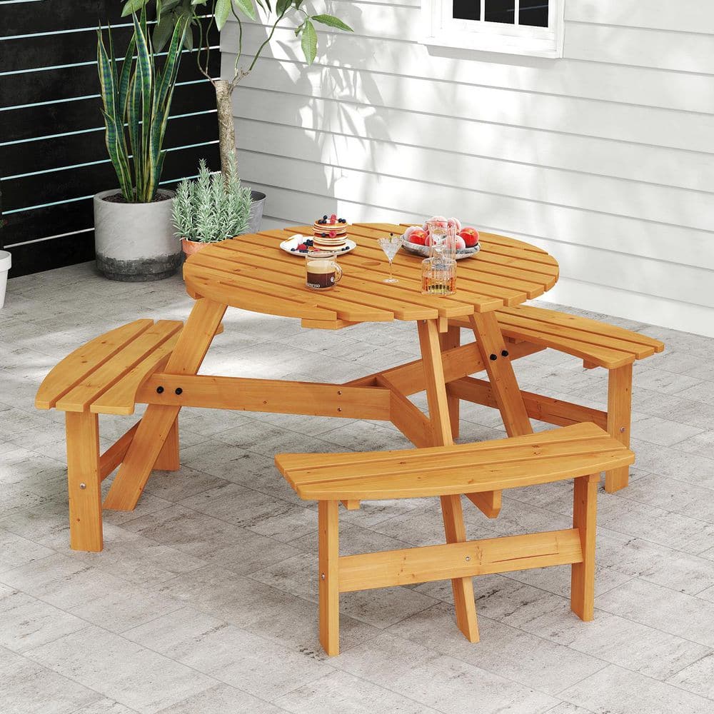68 in. Yellow Round Fir Wood Picnic Table Set Seats 6 People with 3 Built-in Benches and Umbrella Hole price history on PriceWatchPro