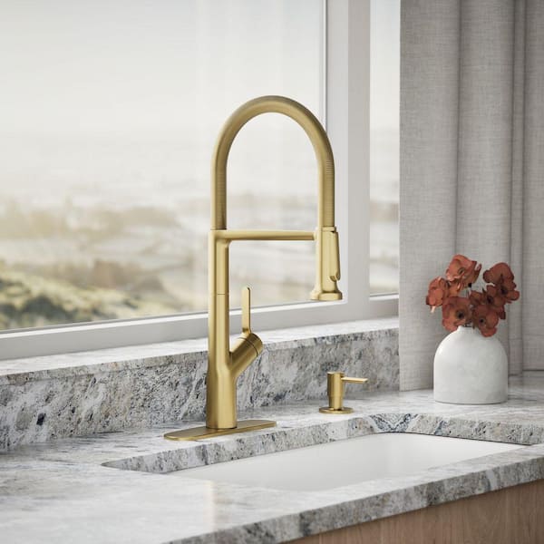 Setra Single-Handle Semi-Professional Kitchen Sink Faucet with Soap Dispenser in Vibrant Brushed Moderne Brass