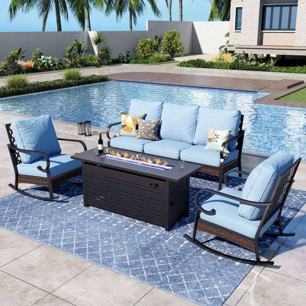 4-Piece Black Metal Outdoor Patio Conversation Seating Set with Rocking Chair, 50000 BTU Fire Pit Table and Blue Cushion price history on PriceWatchPro