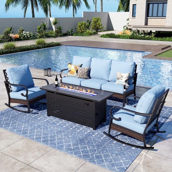 PHI VILLA 4-Piece Black Metal Outdoor Patio Conversation Seating Set with Rocking Chair, 50000 BTU Fire Pit Table and Blue Cushion