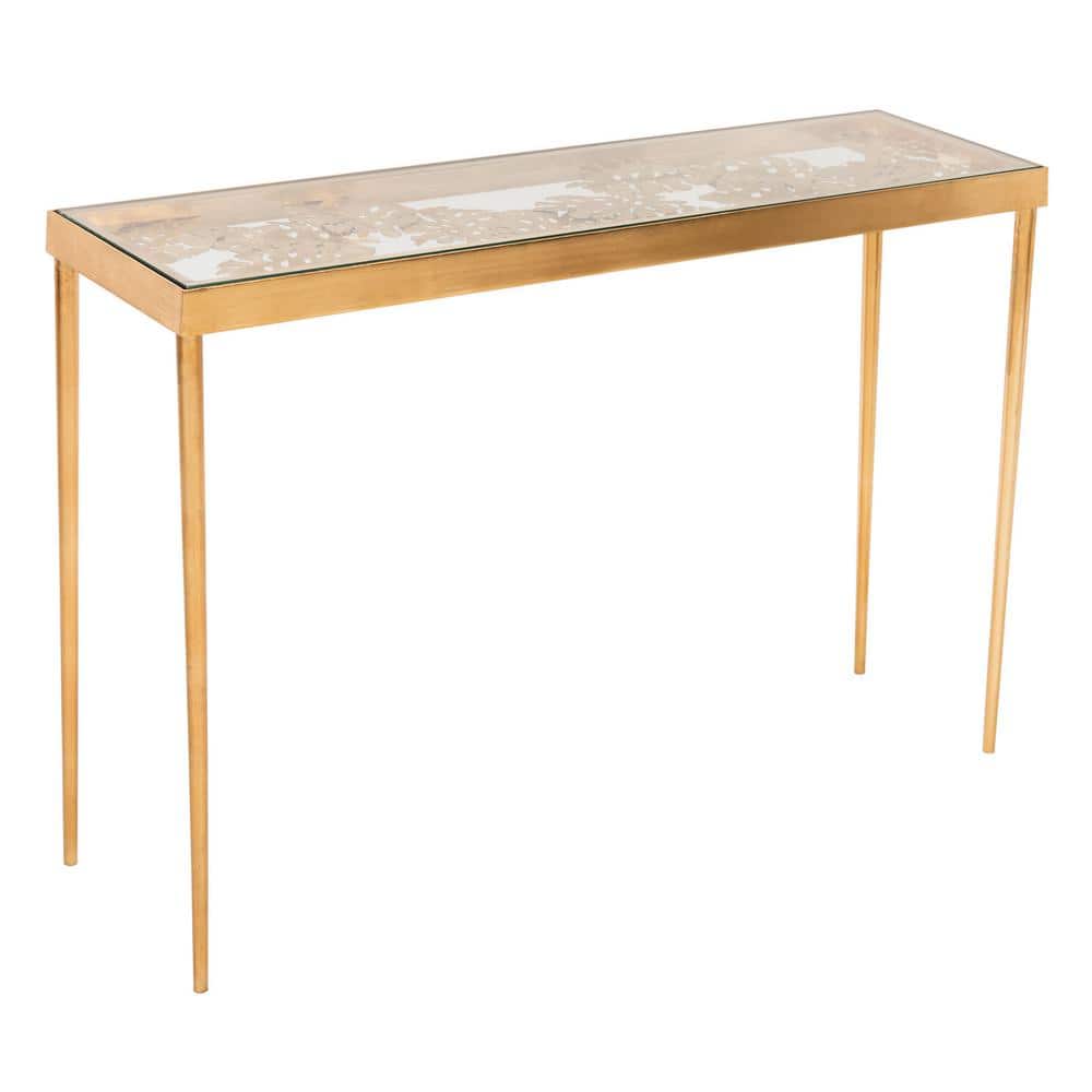 Ethereal Gold Leaf Palm Leaf Rectangular Glass Console Table