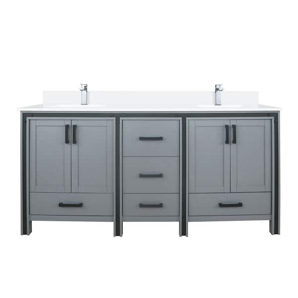 Ziva 72 in W x 22 in D Dark Grey Double Bath Vanity, White Quartz Top and Faucet Set