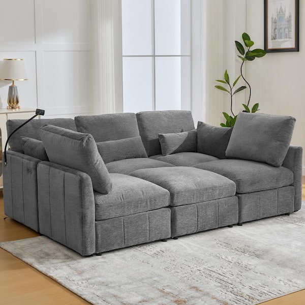 85.4 in. Chenille Modern Modular Sectional Sofa in Gray with Ottoman, 2-USB Ports and a Phone Holder