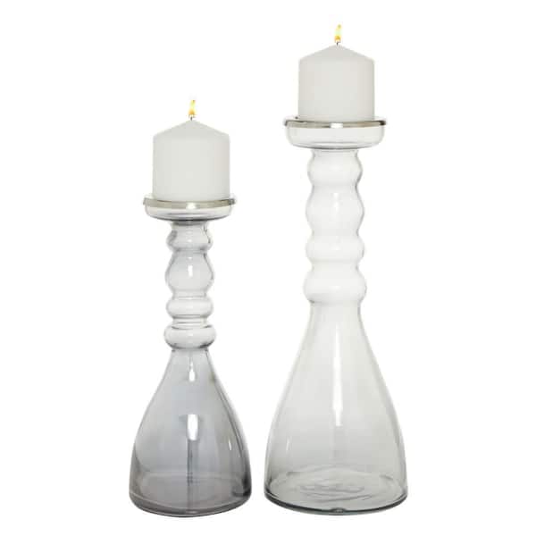 Litton Lane Gray Glass Handmade Bubble Pillar Candle Holder (Set of 2)