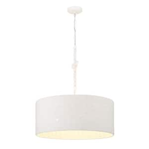 Lodelle 75-Watt 4-Light Matte White Drum Pendant Light with White Cotton Rope Shade, No Bulbs Included