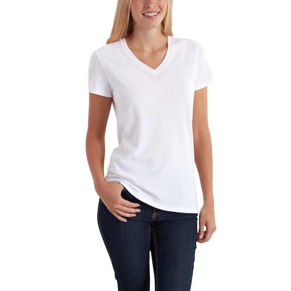 Carhartt Women's X-Large White Cotton/Polyester Lockhart Short Sleeve V ...