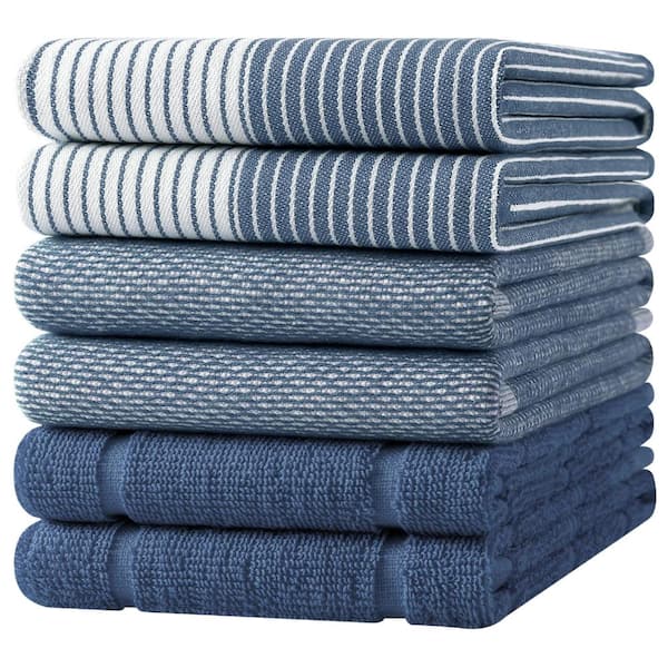 Navy Blue Cotton Kitchen Towels Set of 6, 18 in. x 28 in. Terry and Flat Weave Dish Towels with Hanging Loop