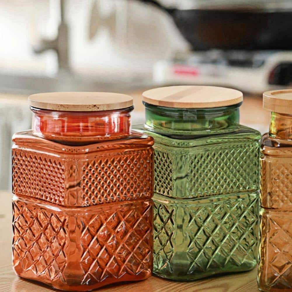 Lynzavix 1-Piece Embossed Airtight Glass Canister with Bamboo Lid