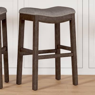 Sadie 31in. H Saddle Distressed Espresso Wood Bar-Height Barstool with Smoke Gray Fabric