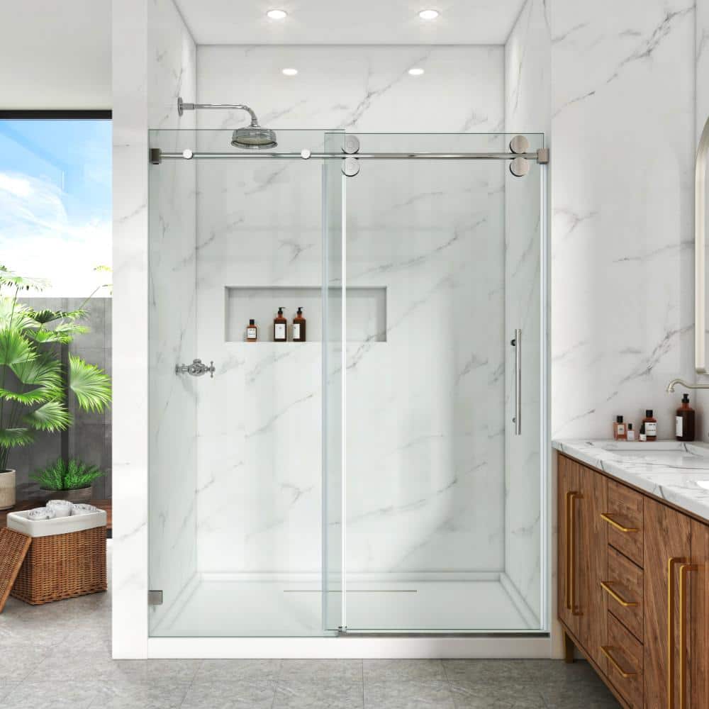 Frameless Shower Door, 56–60.5 in. W x 79 in. H, Single Sliding Door 3/8 in. Clear Tempered Glass, Chrome. price history on PriceWatchPro