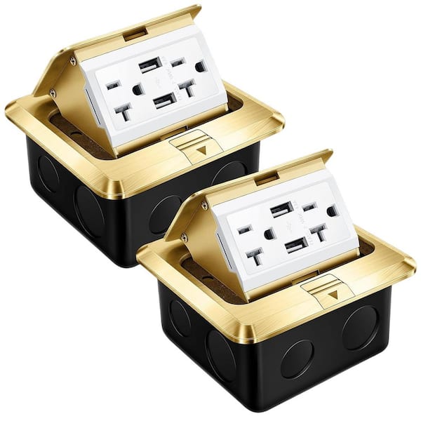 Gold 20A Weatherproof, Tamper Resistant Pop up Floor, Counter Top Outlet Kit with 2-Outlets. 2 USB-A Ports - (2-Pack)