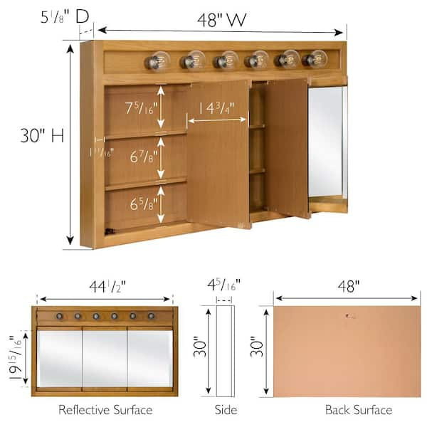 Richland 48 in. x 30 in. x 5 in. Surface-Mount 6-Light Tri-View Bathroom Medicine Cabinet in Nutmeg Oak